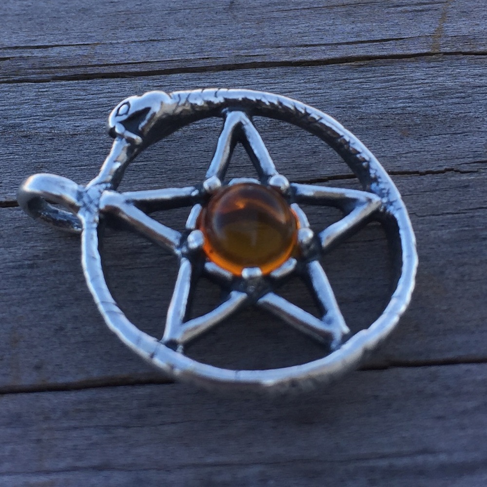 Snake Ouroboros Pentacle .925 Sterling Silver w/ genuine Amber made in USA - Picture 2 of 8